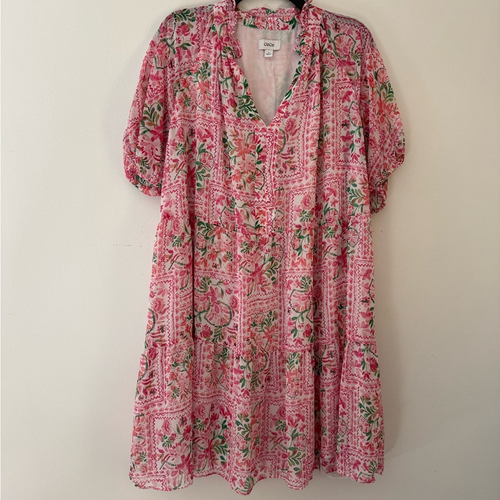 CeCe Vibrant Pink and Green Floral Dress